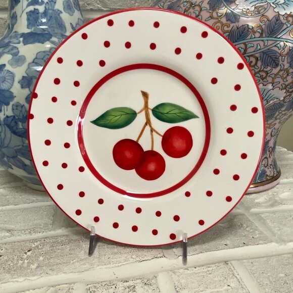 Cherry Plate with Red Polka Dots - 8" - Wall Hangers on back - EUC - Picture 1 of 4